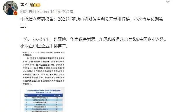 超越华为！2023 年小米汽车电机专利中国第二